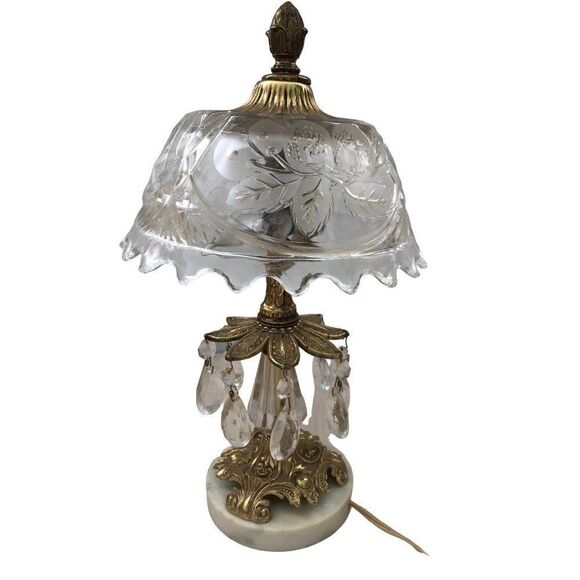 Vintage Bohemian Crystal Glass Brass Marble Table Lamp - Picture 1 of 5